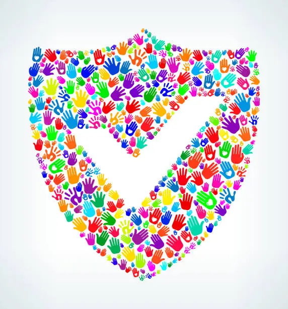 Vector illustration of Multicolored handprints in the shape of a shield on a white background