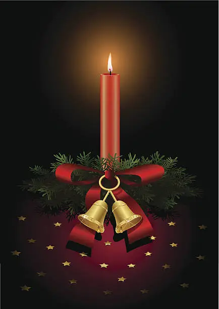 Vector illustration of Christmas candle with pine branches, bells and red bow