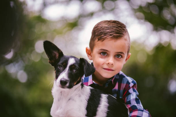Cute black and white coloured puppy and mischievous boy with scratches in his face looking at camera in nature, park or garden