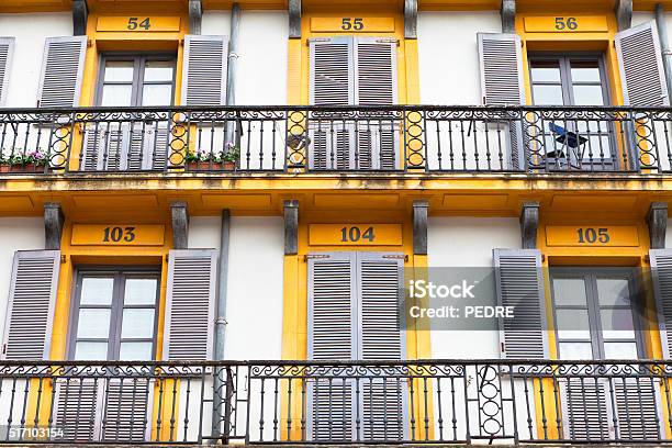 Balconies Of Plaza De La Constitucion Stock Photo - Download Image Now - Architecture, Balcony, Blue