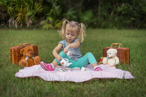 A blonde-haired little girl with pigtails enjoying a tea party with her teddy bear friends.