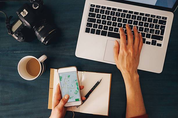 istock Overhead image of a workspace on the desk 517106546