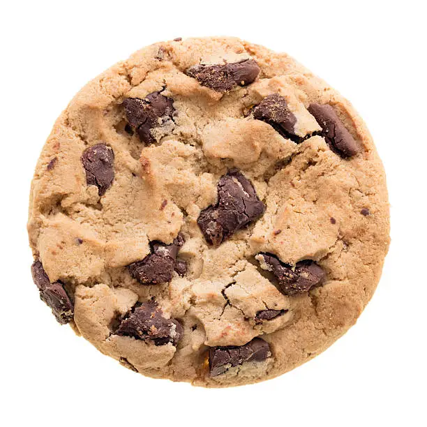 Chocolate chip cookie isolated on white background. Cookie photographed from above clear isolated without shadow.