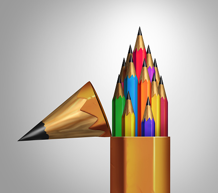 Community strength and diverse group teamwork concept as an open giant pencil with a team of multicolored smaller pencils inside as a business or education metaphor for unity and corporate diversity success.