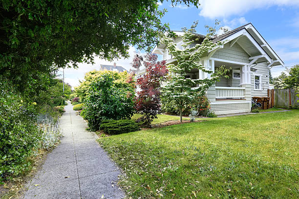 istock Walkway with green bushes alongside. House exterior 517116297