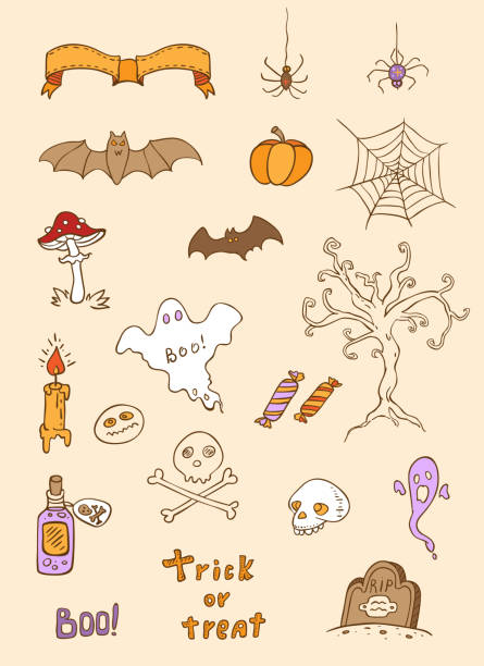 хэллоуин doodle элементы дизайна - mesh web spider stock illustrations