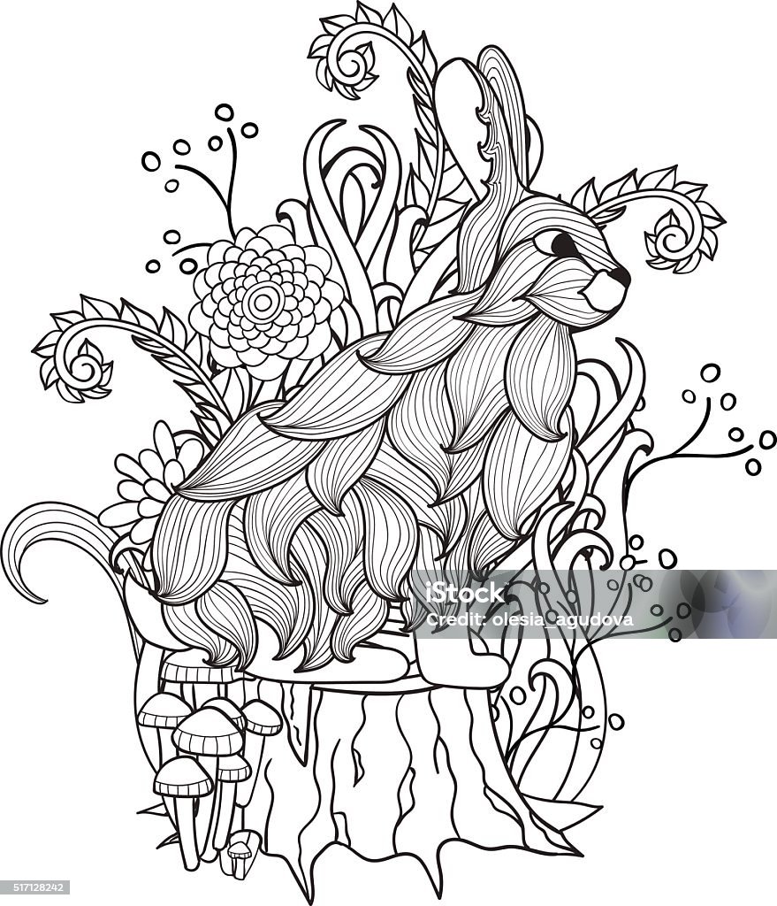 Black and White Bunny on Tree Stump Black and white abstract fantasy picture. Bunny on a tree stump. Hand drawn for coloring book use. Animal Markings stock vector