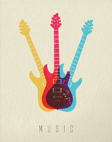 Music icon concept, electric guitar instrument in color style over texture background. EPS10 vector.