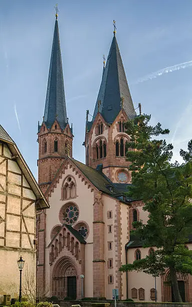 Church On St. Mary, Gelnhausen, Germany.  It shows both Romanesque and Gothic architecture elements.