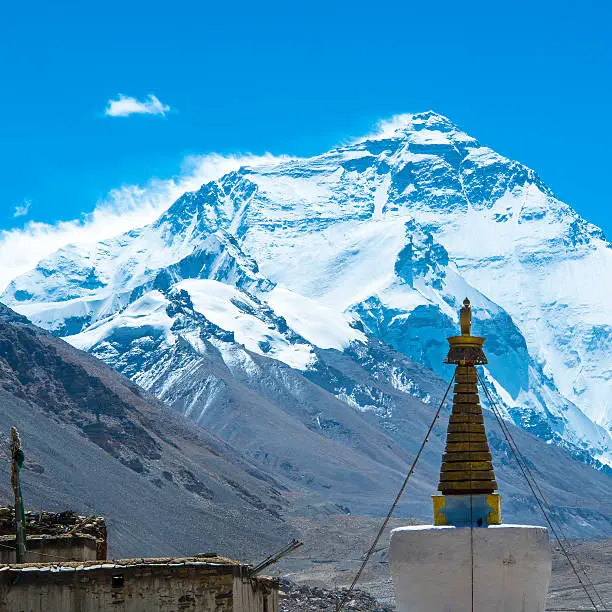 The mighty northface from Mt. Everest, with 8850 m altitude the highest mountain of the world. In the foreground the Rongbuk Monastery (about 5000 m, the highest monastery in the world).