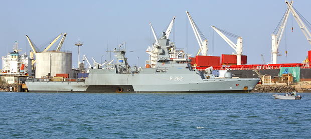 Port of Djibouti, Republic of Djibouti - February 8, 2016:  EU WARSHIP F-262, German multipurpose corvette, (Braunschweig-class) in the port of Djibouti
