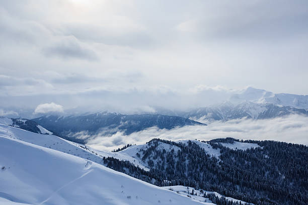 istock Winter mountain landscape with peaks covered snow and forest clouds 517132012