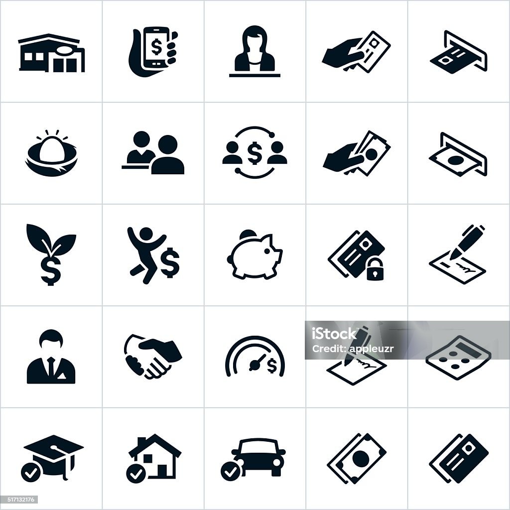 Banking and Finance Icons Icons related to the banking service industry. The icons include several symbols associated with banking and financial institutions and include a bank, credit union, mobile banking, bank teller, credit card, ATM machine, money, borrowing, lending, customers, retirement, savings, loans, contracts, agreements and others. Icon Symbol stock vector