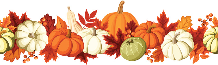 Vector horizontal seamless background with pumpkins and autumn leaves of various colors on a white background.