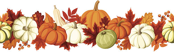 Horizontal seamless background with pumpkins and autumn leaves. Vector illustration. Vector horizontal seamless background with pumpkins and autumn leaves of various colors on a white background. gourd stock illustrations