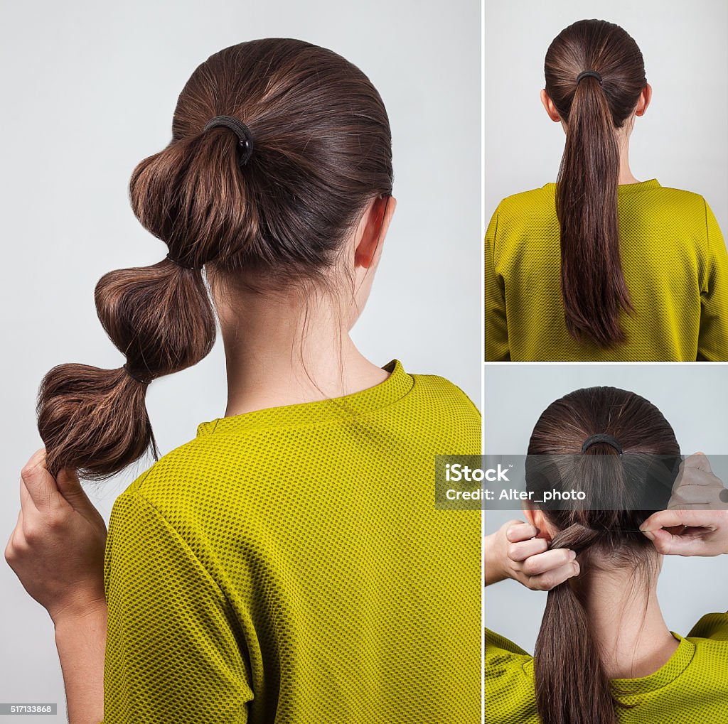 simple hairstyle tutorial simple casual hairstyle pony tail with scrunchy tutorial Tutorial Stock Photo