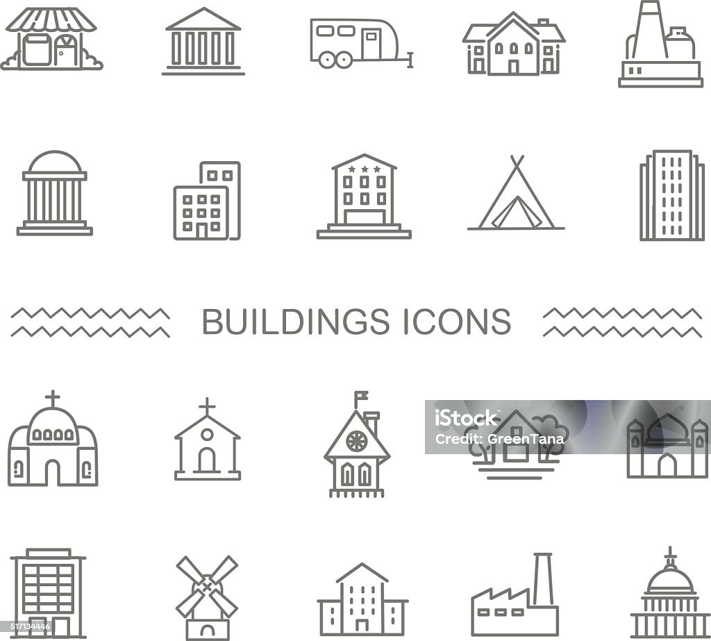 Vector - Black and white government buildings icons set vector outline icon set Church stock vector