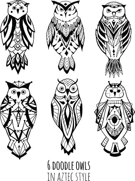 Vector illustration of 6 doodle owls in aztec style.