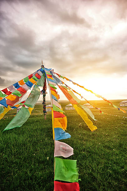 bandiere di preghiera buddista tibetano - tibetan script foto e immagini stock
