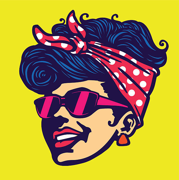 illustrazioni stock, clip art, cartoni animati e icone di tendenza di moda vintage rockabilly di capelli ragazza faccia con occhiali da sole illustrazione vettoriale - rock and roll