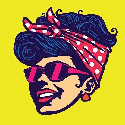 Retro cool girl face head wearing sunglasses and headscarf rockabilly hairstyle vector