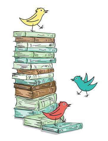 Stack of Sketchy Books With Cartoon Birds. Piled up books with silly birds hopping around.