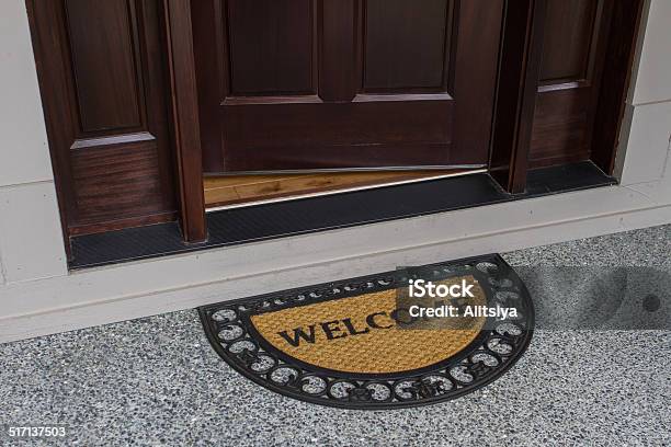 Welcome Door Mat With Open Door Stock Photo - Download Image Now - Doormat, Door, Arrival