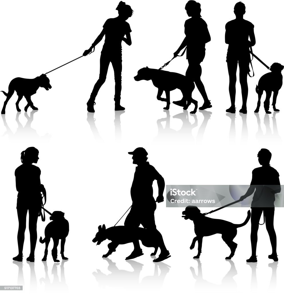 Silhouettes of people and dogs. Silhouettes of people and dogs. Vector illustration. Dog Walking stock vector