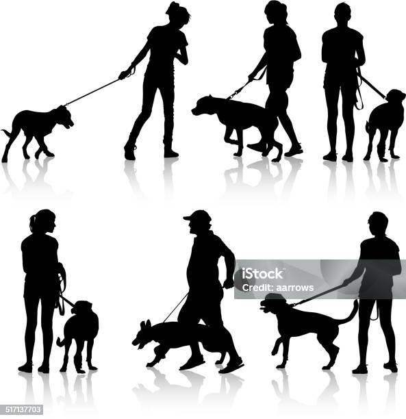 Silhouettes Of People And Dogs Stock Illustration - Download Image Now - Dog Walking, In Silhouette, Dog