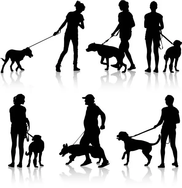 Vector illustration of Silhouettes of people and dogs.