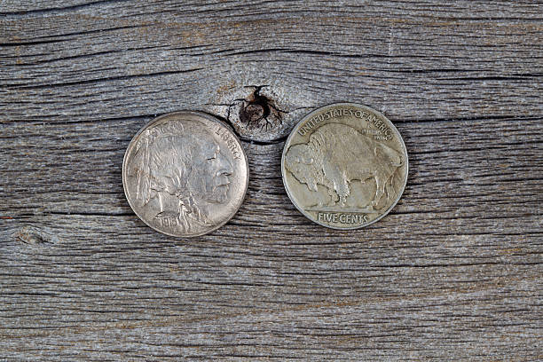 Vintage Buffalo Nickels on Age Wood