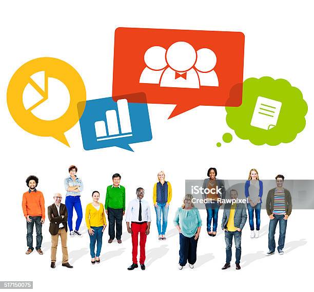 Group Of Multiethnic People With Speech Bubbles Stock Photo - Download Image Now - Business, Chart, Cheerful