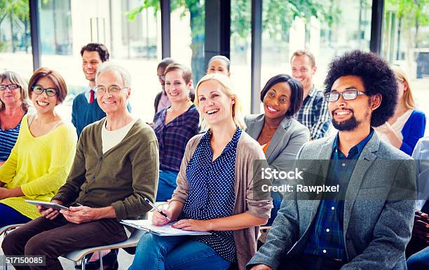 Cheerful And Diverse People Listening Stock Photo - Download Image Now - Seminar, Audience, Multiracial Group