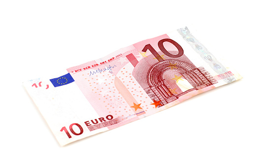 close-up of 10 Euro banknote isolated on white background
