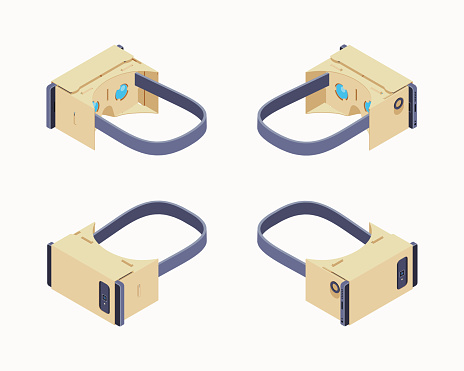 Isometric cardboard virtual reality headset. The objects are isolated against the white background and shown from different sides 