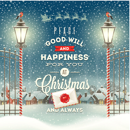 Christmas greeting type design with vintage street lantern against a evening rural winter landscape - holidays vector illustration.