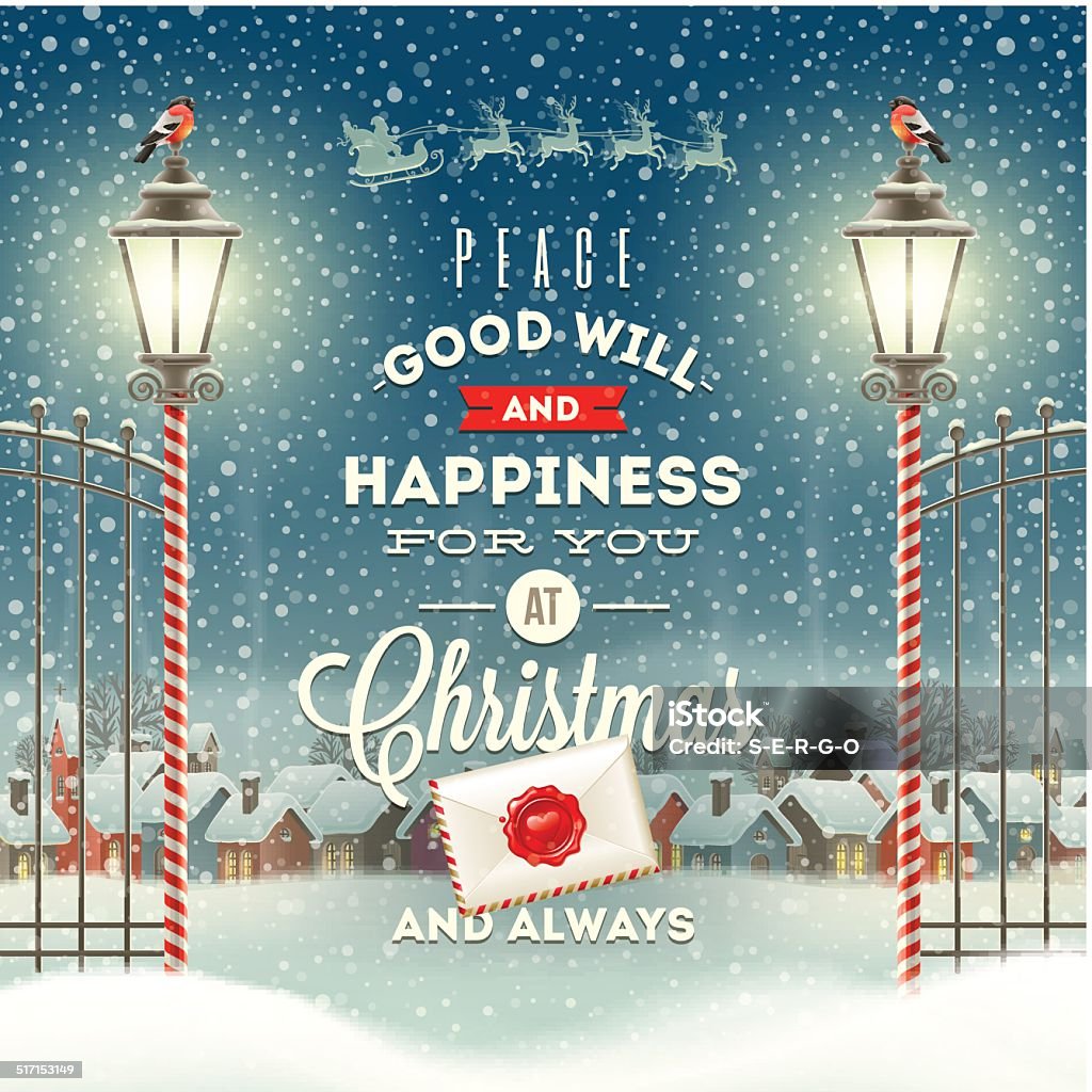 Christmas greeting type design with vintage street lantern Christmas greeting type design with vintage street lantern against a evening rural winter landscape - holidays vector illustration. Christmas stock vector