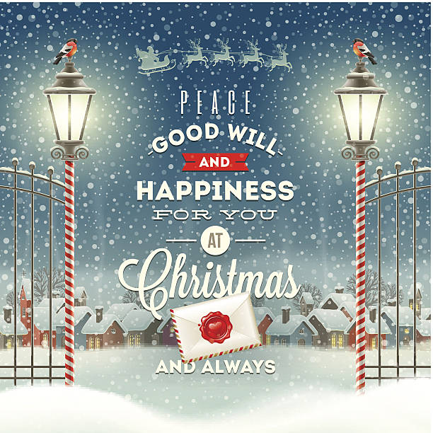 Christmas greeting type design with vintage street lantern Christmas greeting type design with vintage street lantern against a evening rural winter landscape - holidays vector illustration. lanterns at night stock illustrations