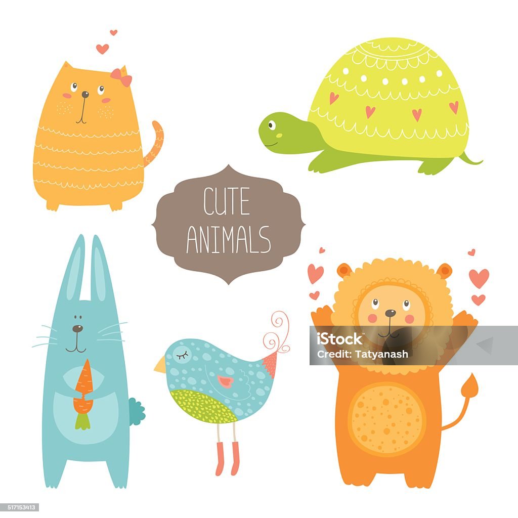 Cute animals collection Cute animals collection. Vector illustration with cat, turtle, rabbit, bird and lion. Love animal isolated on white backgroundCute animals collection. Vector illustration with cat, rabbit, bird, lion and turtle. Love animal isolated on white background Animal stock vector