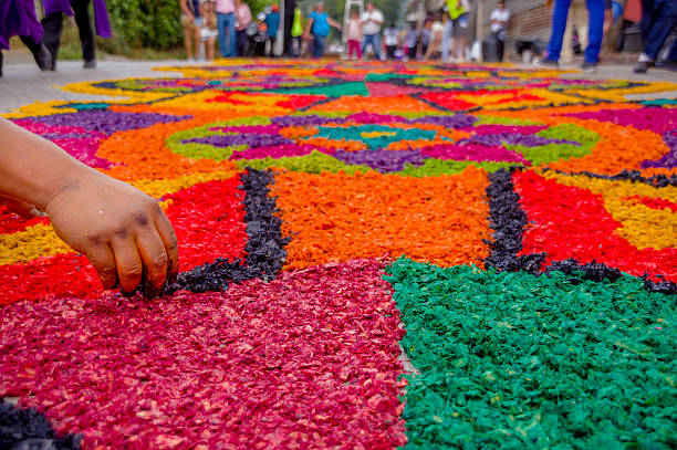 reigious handmade easter carpets made from colored sawdust fruits and flowers in antigua guatemala