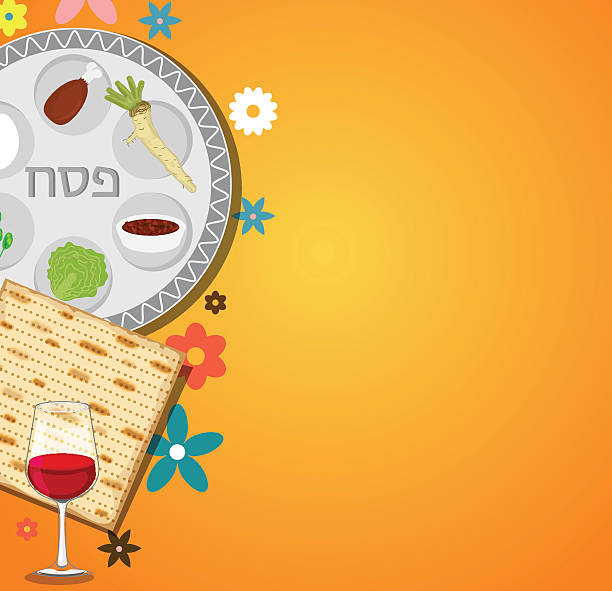 illustrazioni stock, clip art, cartoni animati e icone di tendenza di pasqua ebraica cena, seder di pesach pesach. sfondo con pasqua ebraica piatto e tradizionale - passover seder table judaism