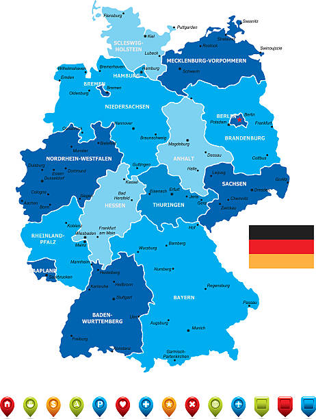Germany Map High detailed Vector Map of Germany with Navigation Icons germany map regions stock illustrations