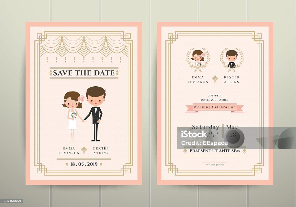 Art Deco Cartoon Couple Wedding Invitation Card Stock Illustration -  Download Image Now - Wedding, Cartoon, Couple - Relationship - iStock