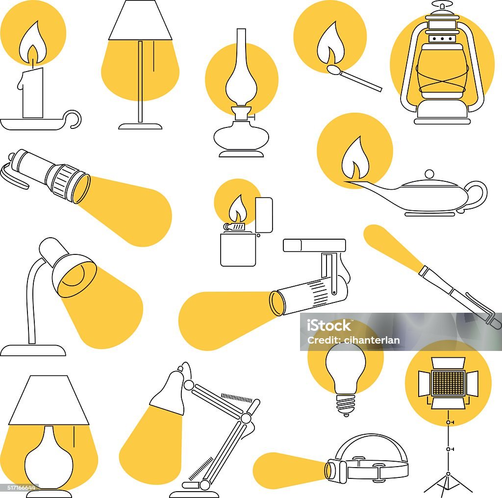 Lamp Lights Line Drawing of a Set of Lamp and Lighting Equipments Electric Lamp stock vector