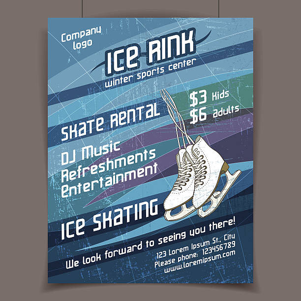Ice rink advertising poster Ice rink advertising poster on scratched ice winter vector background. The scratches on separate layer ice skating stock illustrations