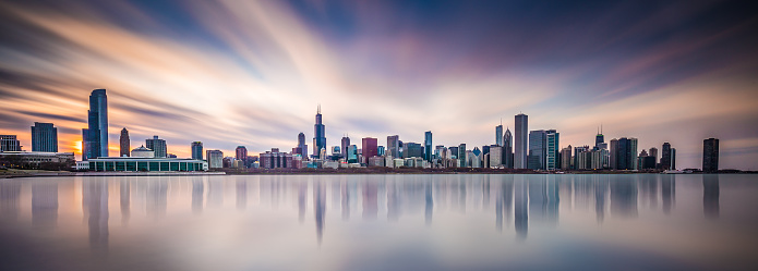 Chicago skyline during the sunset.