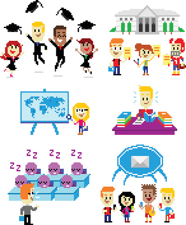 6 Cliparts about School:  Graduates Wearing Toga while  Jumping & Throwing Cap at The Graduation Day; Talented Students Holding Scholarship Certificates;  A Girl Studying a World Map; A Boy Doing His Homework; A Teacher Giving Boring Lecture Make The Students Sleepy; Students Receiving A Broadcast Message from Their Phones; (in Vector Pixel Art Style)