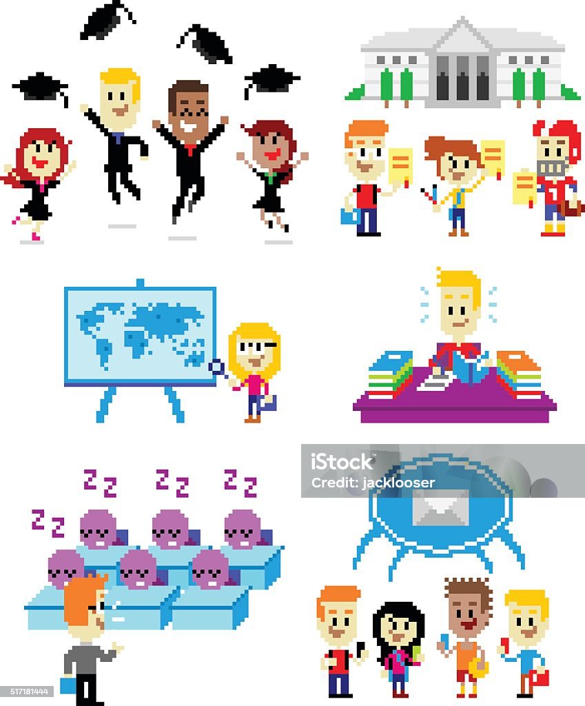 Pixel Art School 6 Cliparts about School:  Graduates Wearing Toga while  Jumping & Throwing Cap at The Graduation Day; Talented Students Holding Scholarship Certificates;  A Girl Studying a World Map; A Boy Doing His Homework; A Teacher Giving Boring Lecture Make The Students Sleepy; Students Receiving A Broadcast Message from Their Phones; (in Vector Pixel Art Style) Pixelated stock vector