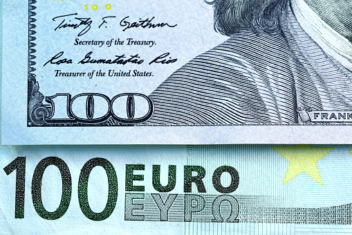 Close up USD and EUR, Dollar and Euro currency note