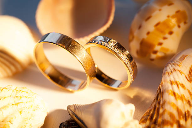 istock Wedding rings in the sand with shells 517186558